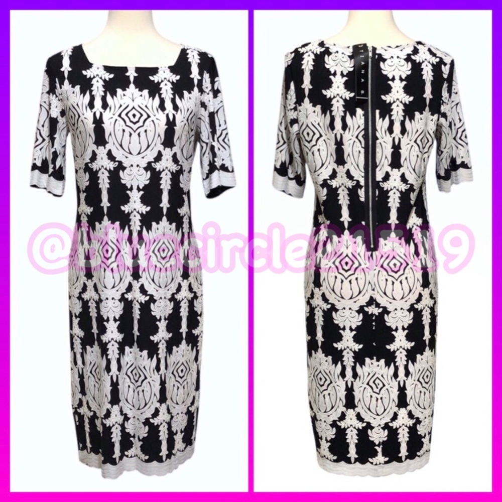 ⬇️ Tiana B. Square Neck Sheath Dress Black and White Textured Print NWT
•Size 10